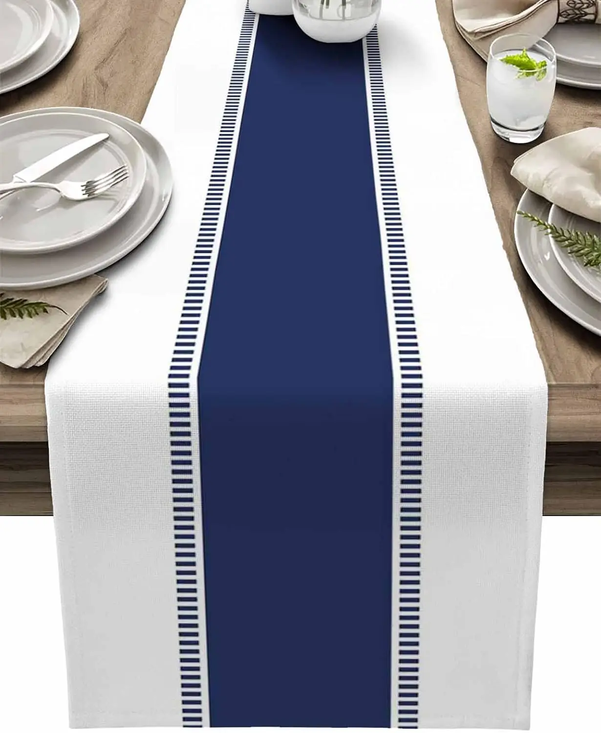 Christmas Table Runner - Navy Blue Stripes Linen Table Runner