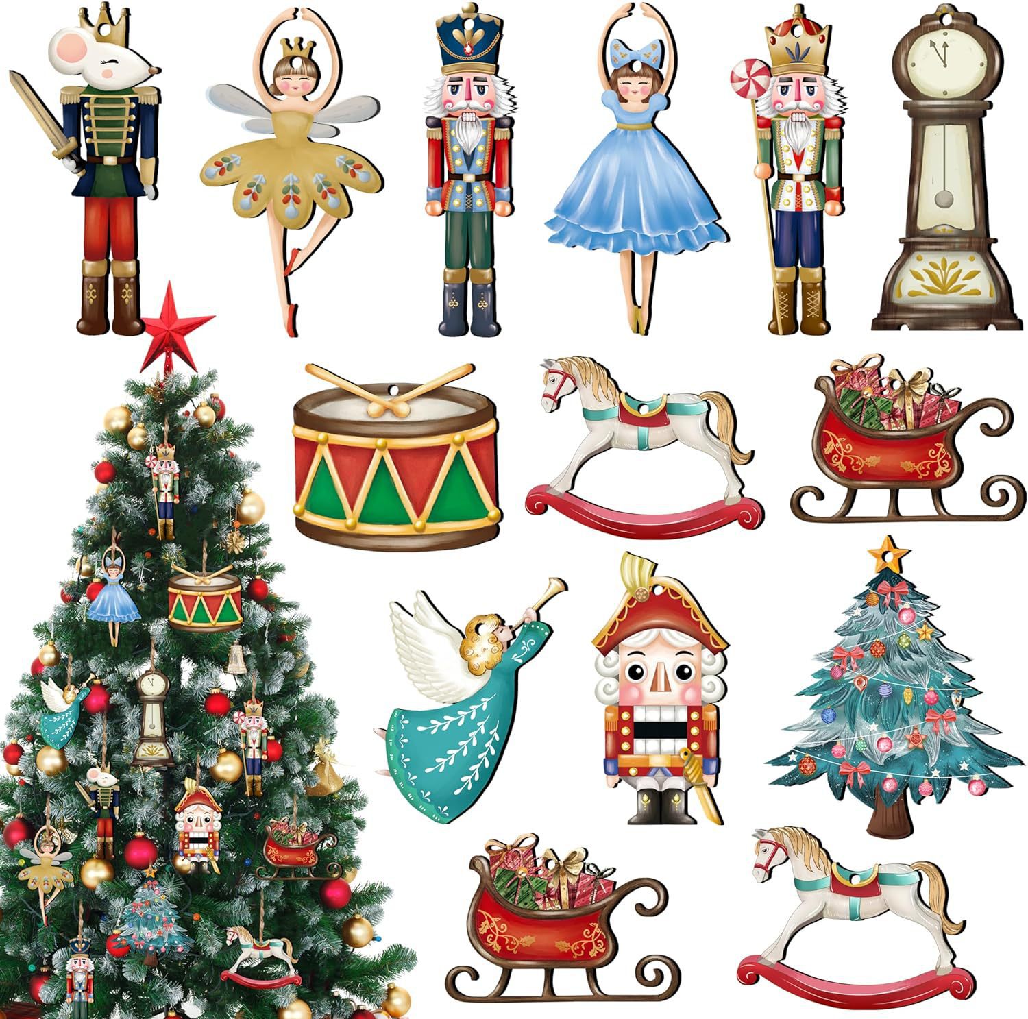 Nutcracker Figurine - 12Pcs/Set Wooden Nutcracker Puppet Pendant Christmas
